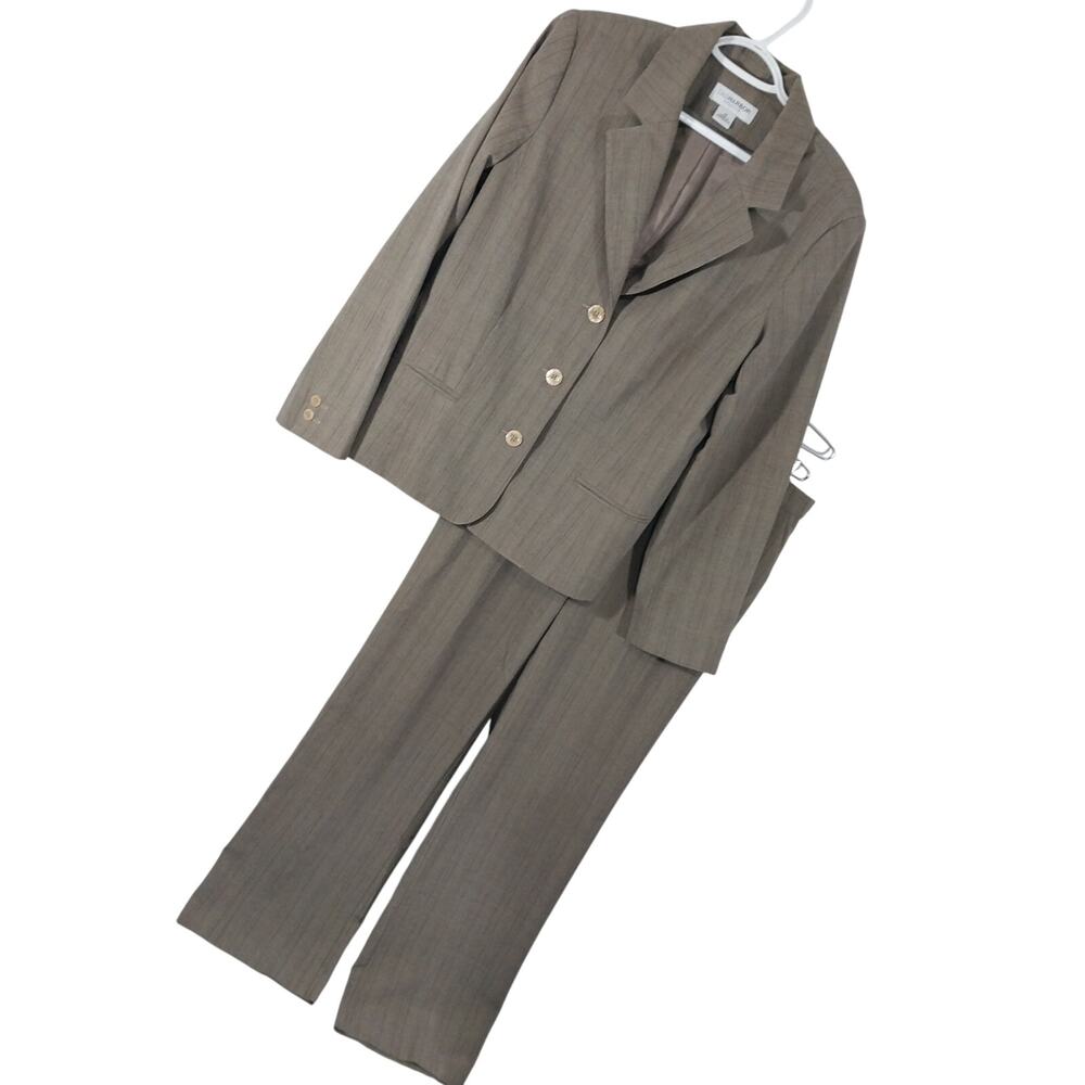 SAG HARBOR! TAUPE TAN/GRAY W/BLACK & RED PLAID 2PC PANTS, JACKET SUIT SET! SZ 14
